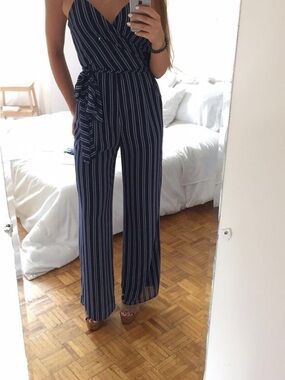 Michael Kors Navy and White Striped Spaghetti Strap Jumpsuit